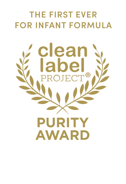 White badge with golden text that reads 'The first ever for infant formula: Clean Label Project Purity Award'.
